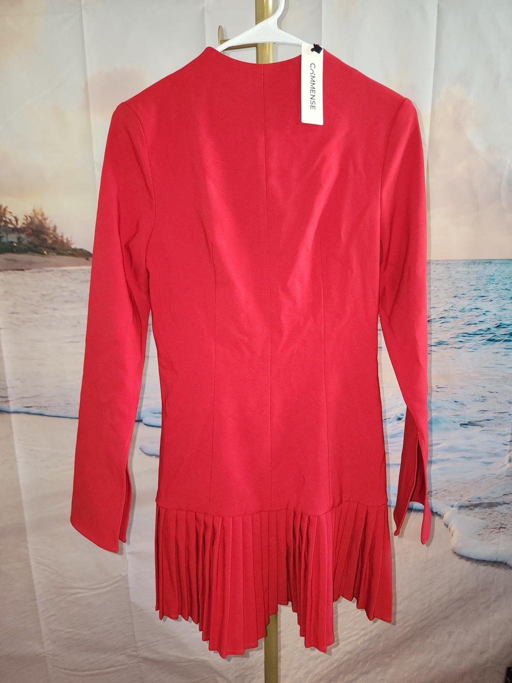 Commense Red Long-Sleeve Pleated-Hem Dress